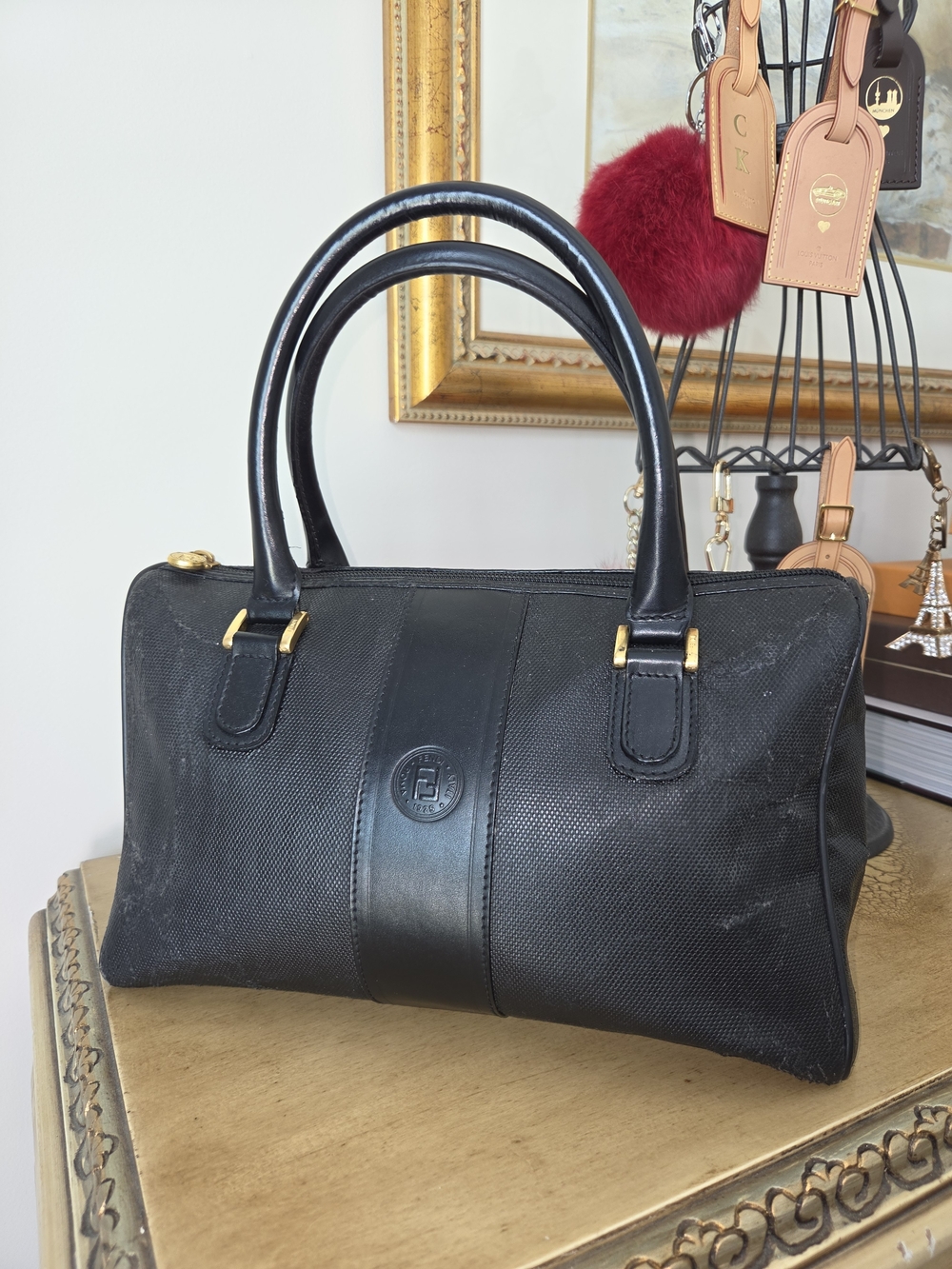 Fendi Black Structured Top-Handle Satchel with Gold Hardware